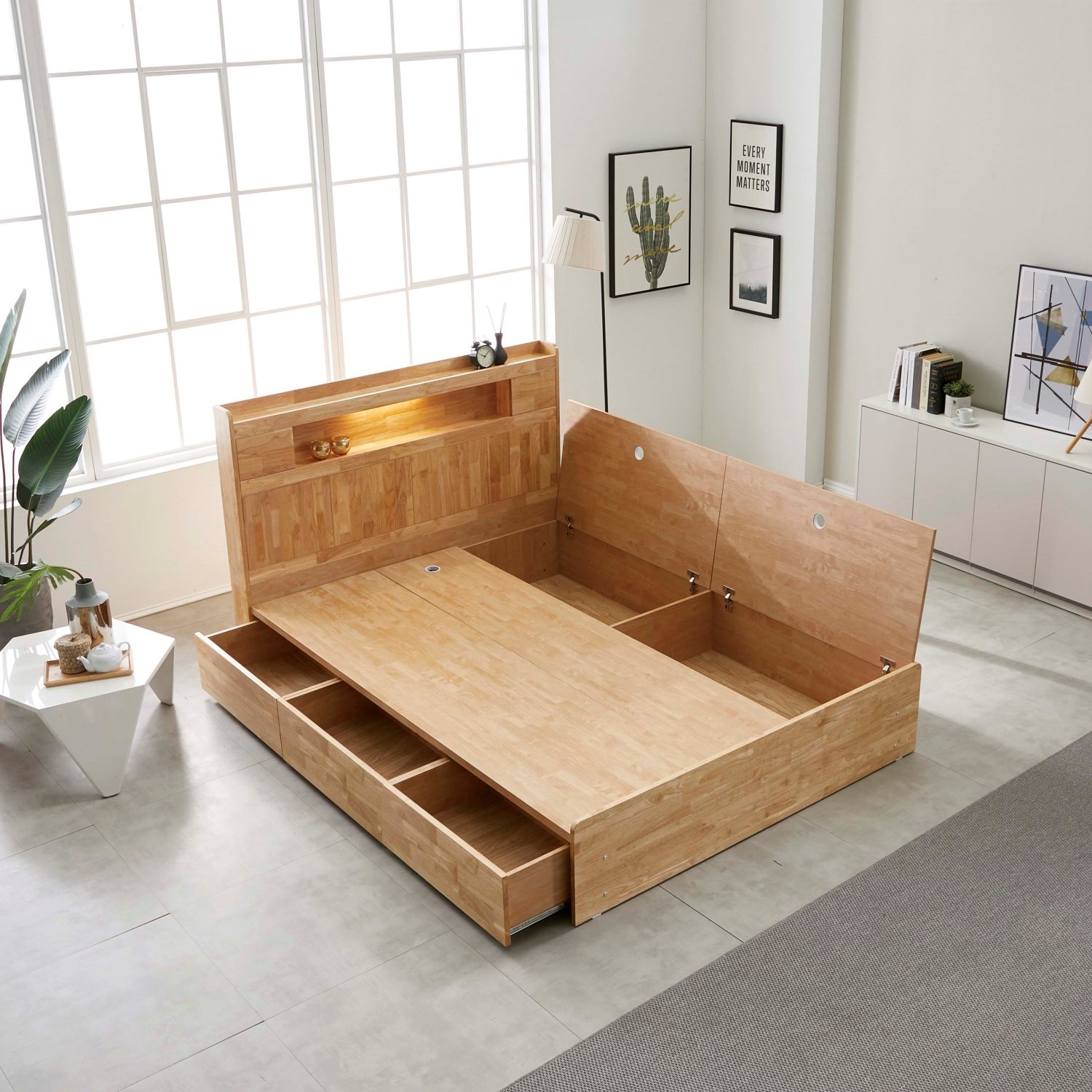 큐브 수납형 LED 원목 침대 프레임 퀸, 내추럴 상세 이미지 2