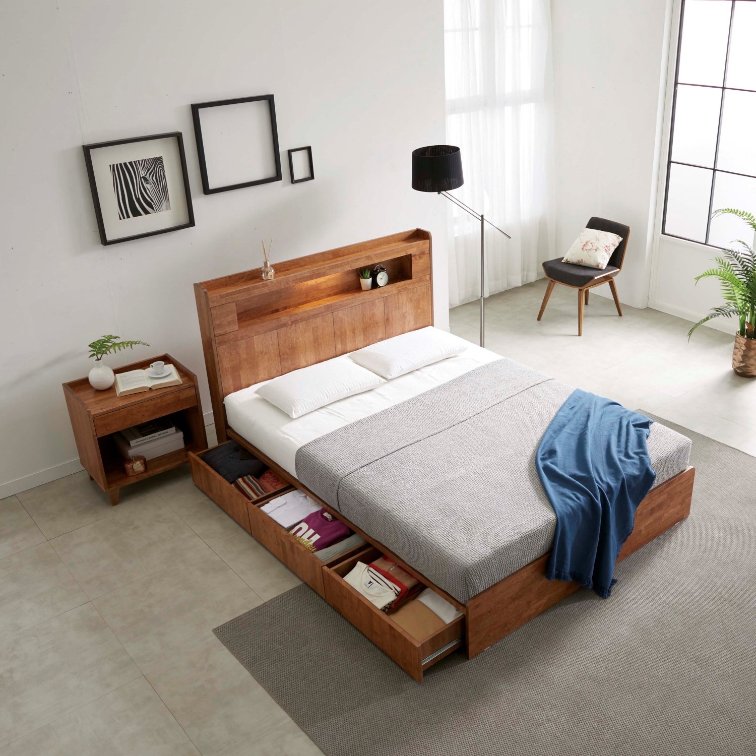 큐브 수납형 LED 원목 침대 프레임 퀸, 내추럴 상세 이미지 2