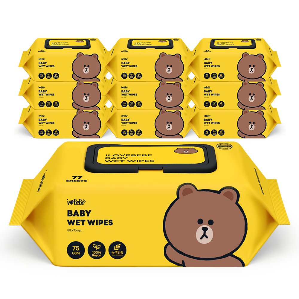 아이러브베베 라인프렌즈 드림에디션 브라운 생분해원단 77매 75g 10팩 캡형 아기물티슈 상세 이미지 2