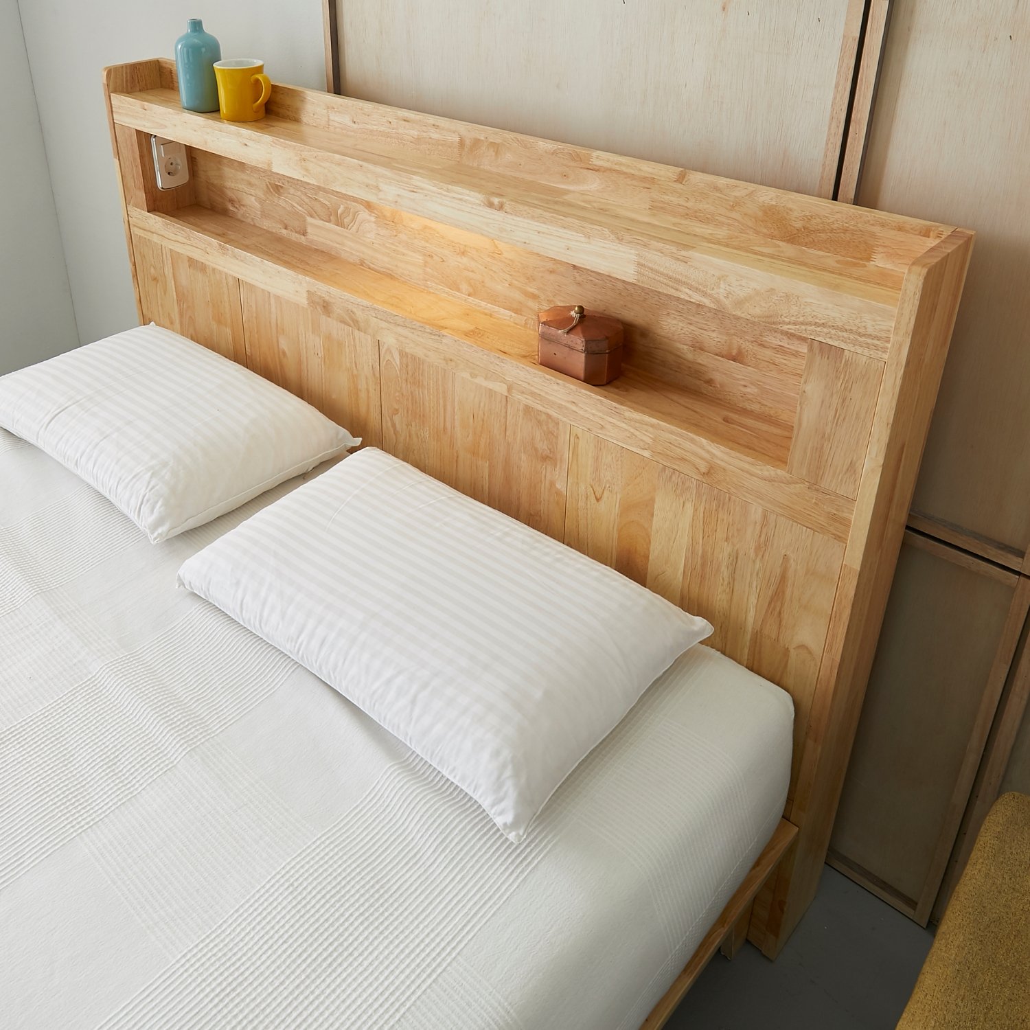 큐브 수납형 LED 원목 침대 프레임 퀸, 내추럴 상세 이미지 2