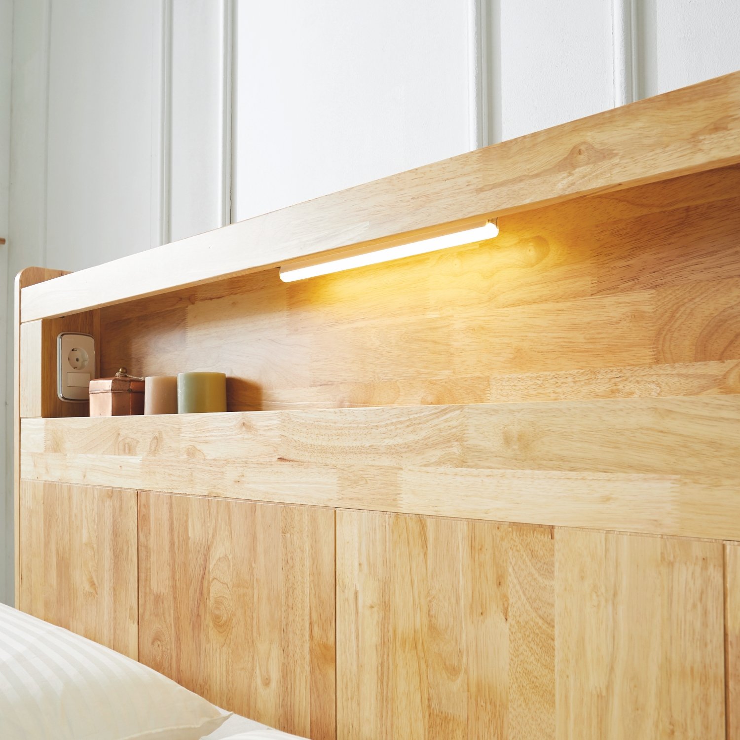 큐브 수납형 LED 원목 침대 프레임 퀸, 내추럴 상세 이미지 1